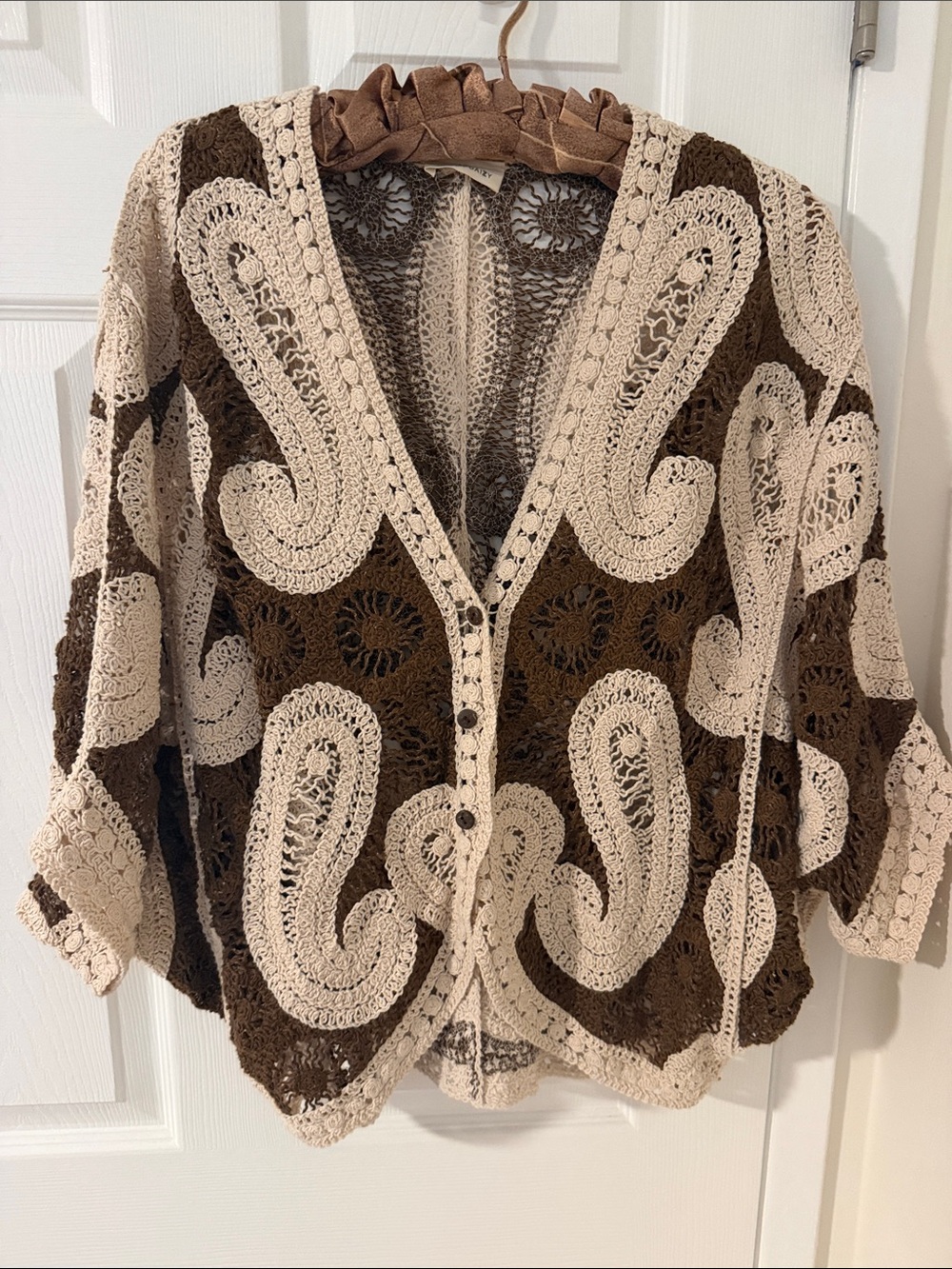 Urban Daizy Crochet Paisley Openwork Cardigan in Cream & Brown